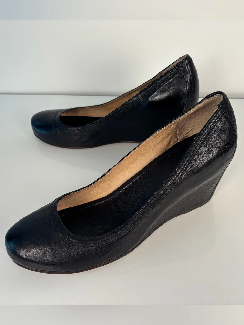Frye Black Leather Wedge Pumps